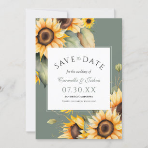 Classic Elegant Watercolor Sunflower Boho Sage Save The Date