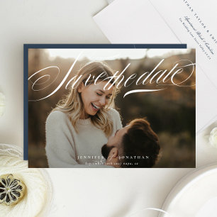 Classic Elegant White Navy Blue Calligraphy Photo Save The Date