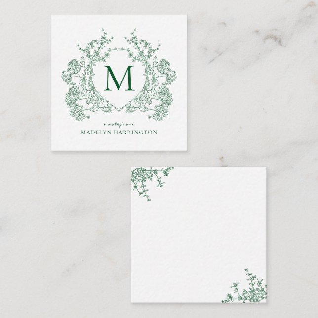 Classic Emerald Green Floral Crest Monogram Card (Front/Back)