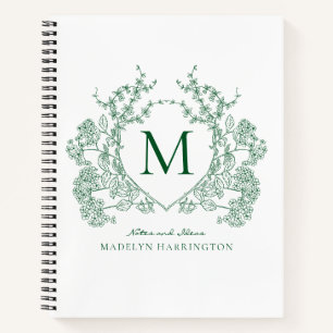 Classic Emerald Green Floral Crest Monogram Notebook