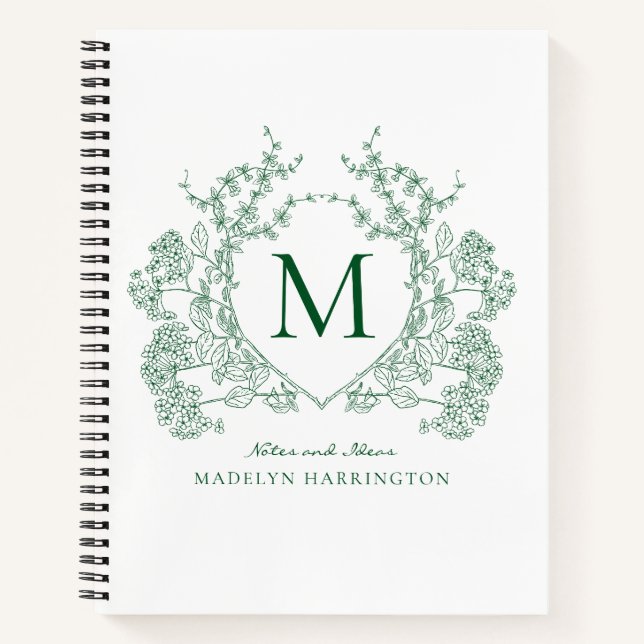 Classic Emerald Green Floral Crest Monogram Notebook (Front)