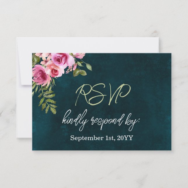 Classic Emerald Green Floral Dark Moody Wedding RSVP Card (Front)