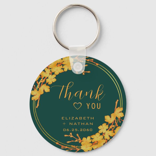 Classic Emerald Green & Gold Wedding Thank You Key Ring (Front)