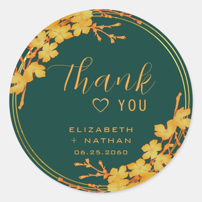 Classic Emerald Green & Gold Wedding Thank You Round Sticker (Front)