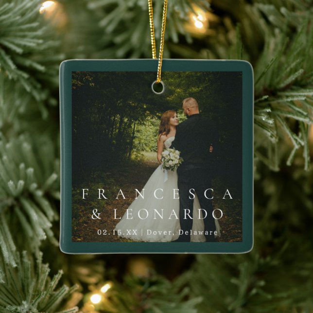Classic Emerald Green Simple Photo Wedding Ceramic Ornament (Tree)