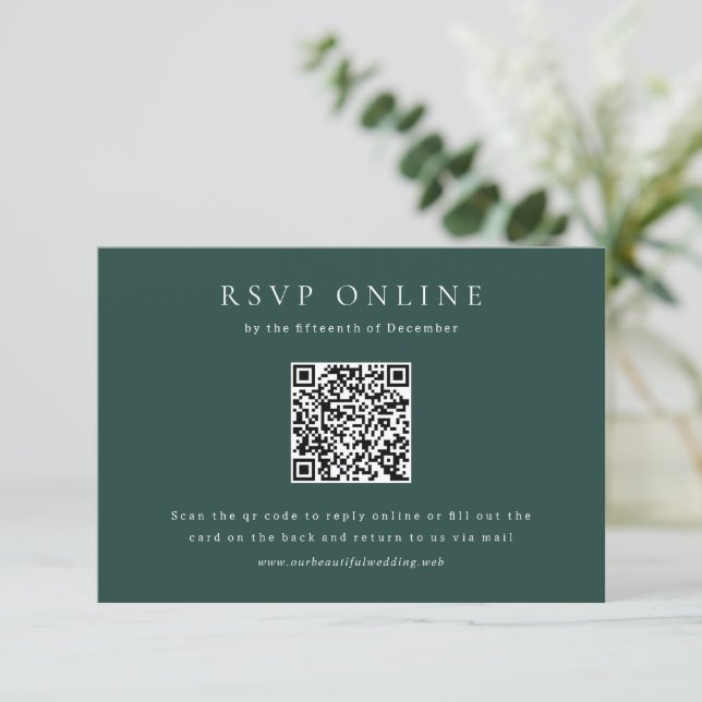 Classic Emerald Green Simple QR Code Wedding RSVP Card (Standing Front)