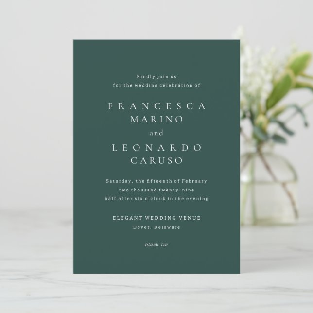 Classic Emerald Green Simple Wedding Invitation (Standing Front)
