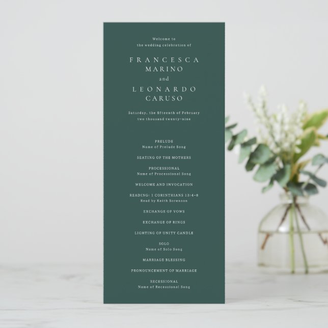 Classic Emerald Green Simple Wedding Program (Standing Front)