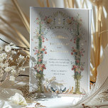 Classic Enchanted Garden Wedding Invitation<br><div class="desc">This wedding invitation is a romantic canvas painted with the soft tones of an English garden. Carnation pink, coral, and ivory blooms cascade down ornate golden urns, symbolising the growth and blossoming of love. The floral archway, adorned with delicate greenery, frames the couple's initials in a traditional Victorian style, creating...</div>