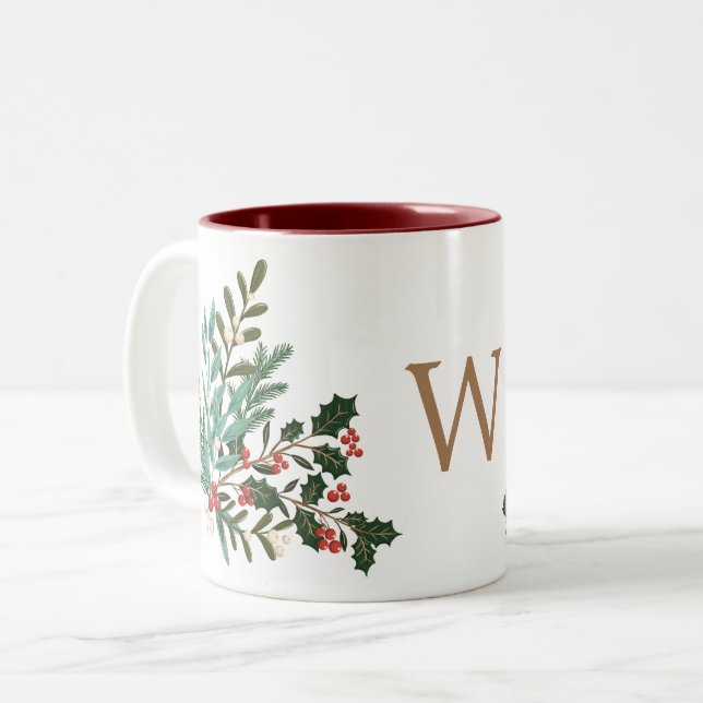Classic Enchanting Elegant Christmas Monogram Two-Tone Coffee Mug (Front Left)