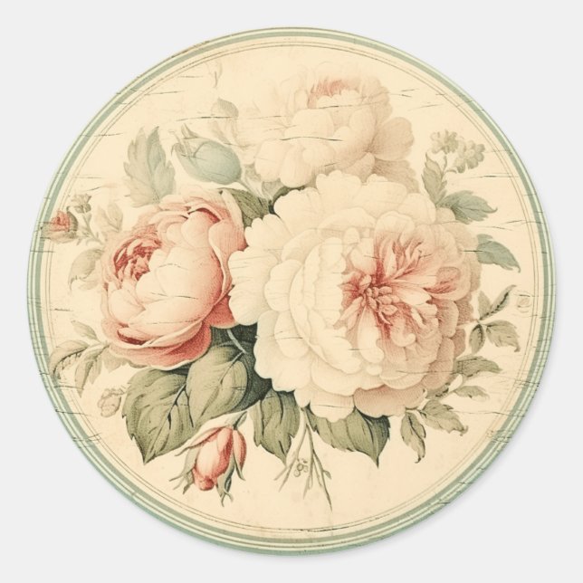 Classic Ephemera, Pink & Green Shabby Chic Classic Round Sticker (Front)