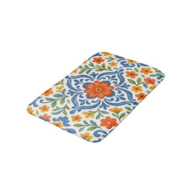 Classic Ethnic Mediterranean Floral Art Pattern Bath Mat (Angled)