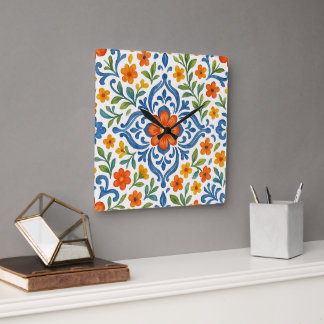 Classic Ethnic Mediterranean Floral Art Pattern Square Wall Clock