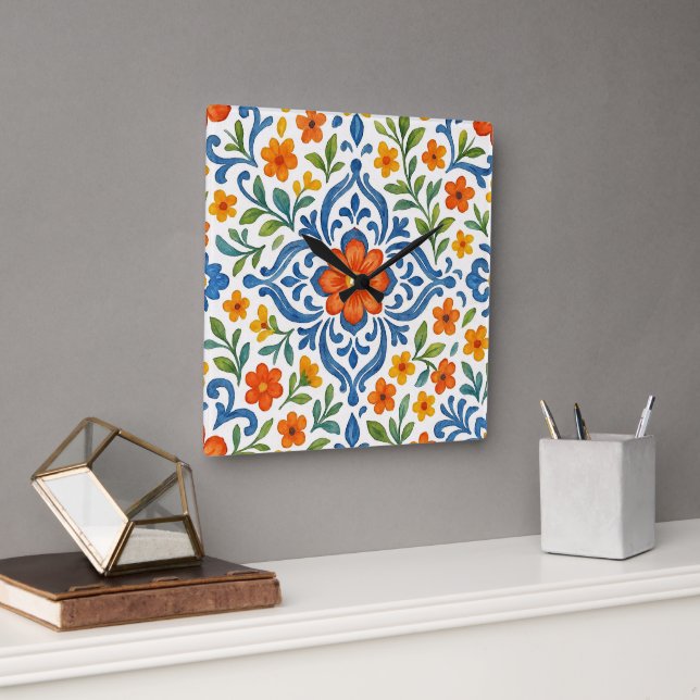 Classic Ethnic Mediterranean Floral Art Pattern Square Wall Clock (Office)