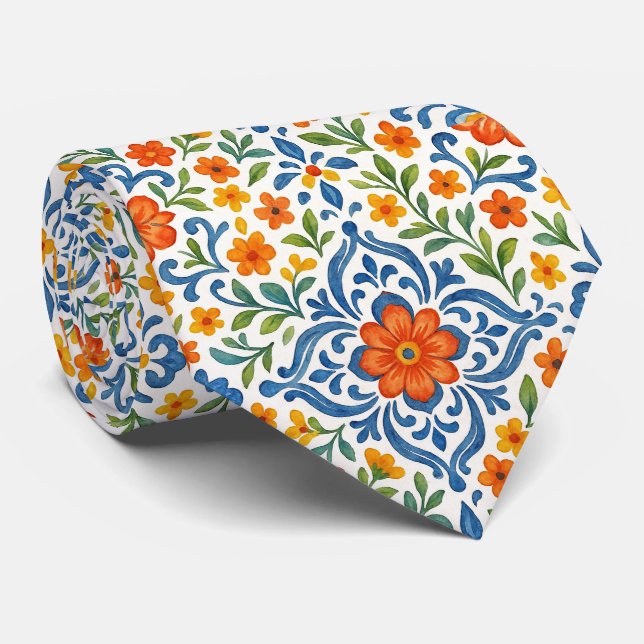 Classic Ethnic Mediterranean Floral Art Pattern Tie (Rolled)