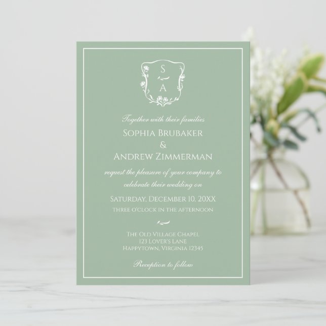Classic Eucalyptus Floral Crest Monogram Wedding Invitation (Standing Front)