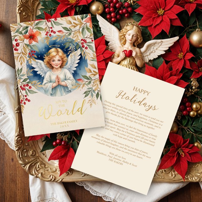 Classic Exquisite Christmas Angel Victorian Foil Holiday Card (Classic Romantic Exquisite Christmas Angel with Flowers Victorian-Themed Inspired Metallic Foil Card)