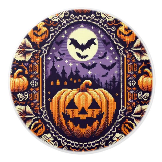 Classic Fair Isle Halloween/Pumpkin Ceramic Knob (Front)
