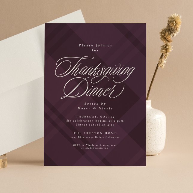 Classic fall purple plaid Thanksgiving Dinner Invitation (Creator Uploaded)