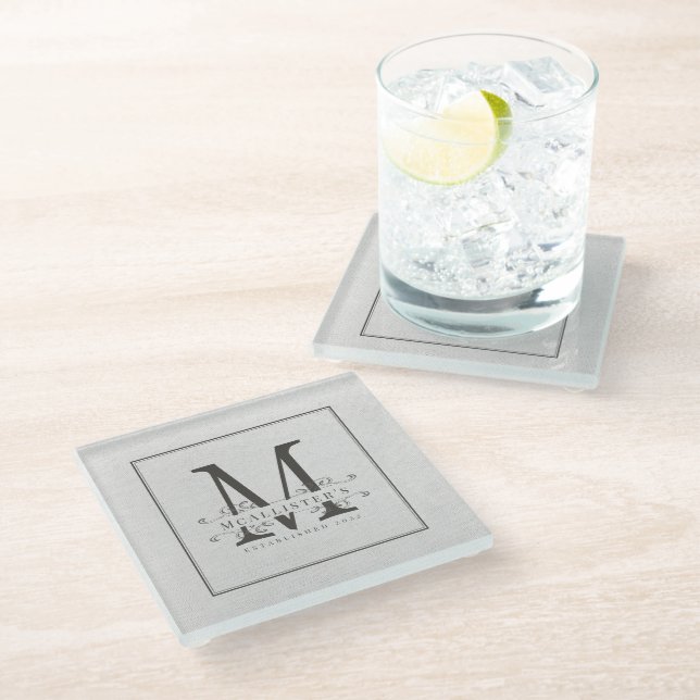 Classic Family Monogram Establish Year Elegant  Glass Coaster (Angled)