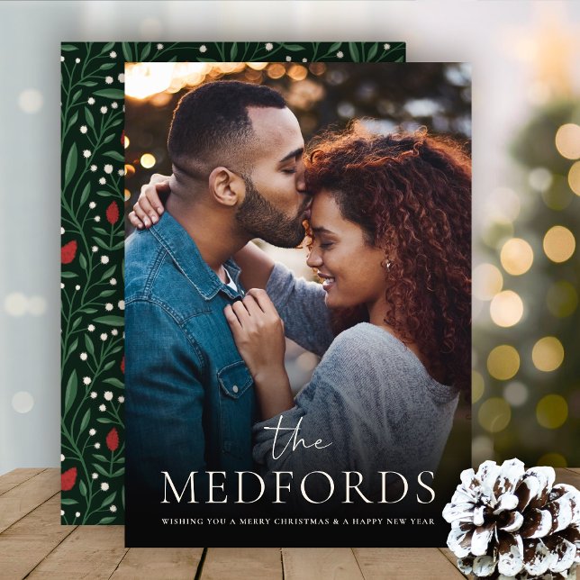 Classic Family Name Floral Back | Photo Holiday Card (Creator Uploaded)