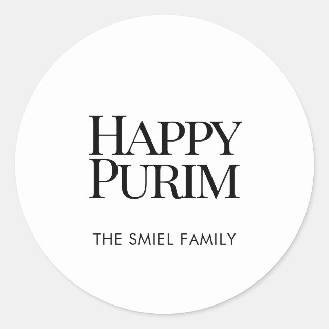 Classic Family Name Happy Purim White Sticker (Front)