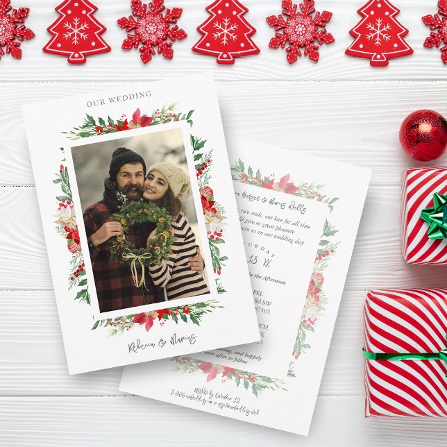 Classic Fancy Christmas Poinsettias Frame Photo  Invitation (Creator Uploaded)