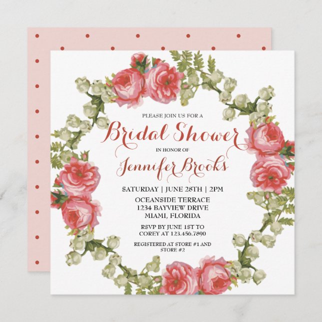 Classic Feminine Red Rose Wreath Bridal Shower Invitation (Front/Back)