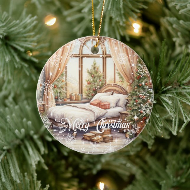 Classic festive cosy Christmas interior room Ceramic Ornament (Tree)