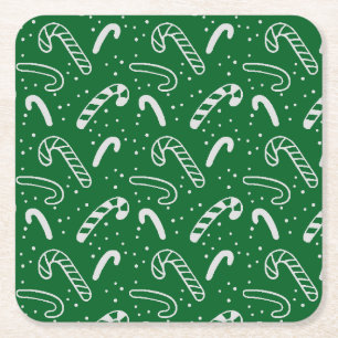 Classic Festive Holiday Dark Green Candy Canes Square Paper Coaster