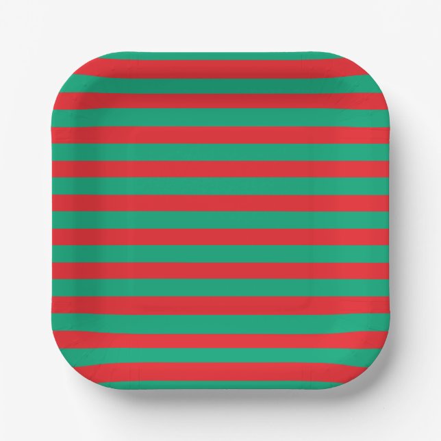 Classic Festive Holiday Red and Green Striped  Paper Plate (Front)