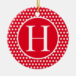 Classic Festive Red initial letter Polka Dot  Ceramic Ornament