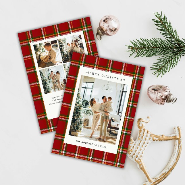 Classic Festive Red Plaid 5 Photo Christmas Holiday Card (Creator Uploaded)