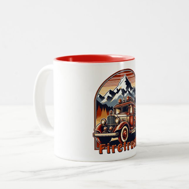 Classic Fire Truck & Mountain Two-Tone Coffee Mug (Front Left)
