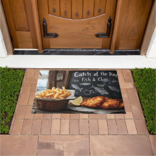 Classic Fish and Chips and Blackboard Illustration Doormat