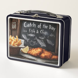 Classic Fish and Chips and Blackboard Illustration Metal Lunch Box