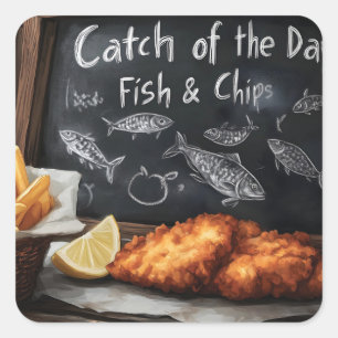 Classic Fish and Chips and Blackboard Illustration Square Sticker