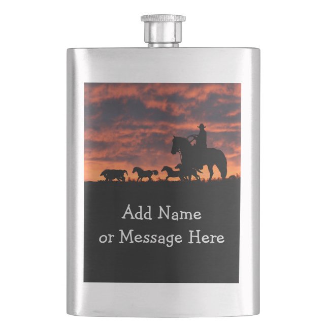 Classic Flask Cowboy and Sunset Customisable (Front)