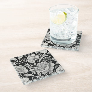 Classic Floral Black and White Vintage Glass Coaster