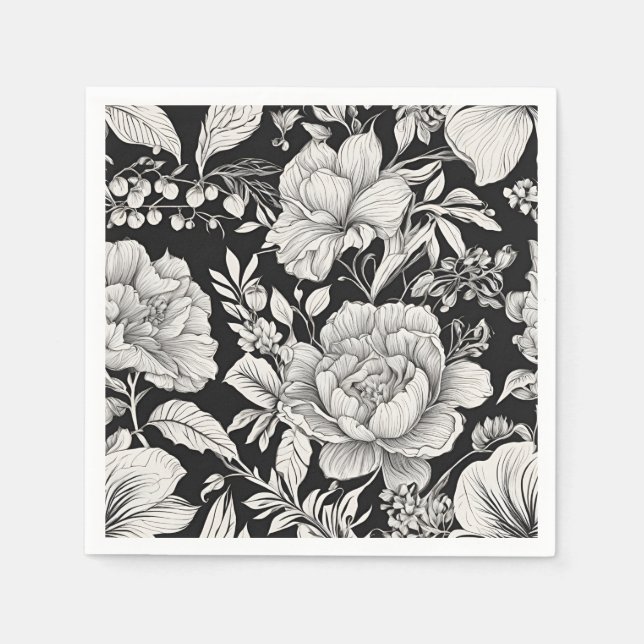 Classic Floral Black and White Vintage Napkin (Front)