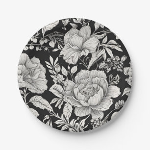 Classic Floral Black and White Vintage Paper Plate