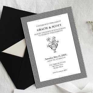 Classic Floral Black & White Thin Striped Wedding Invitation
