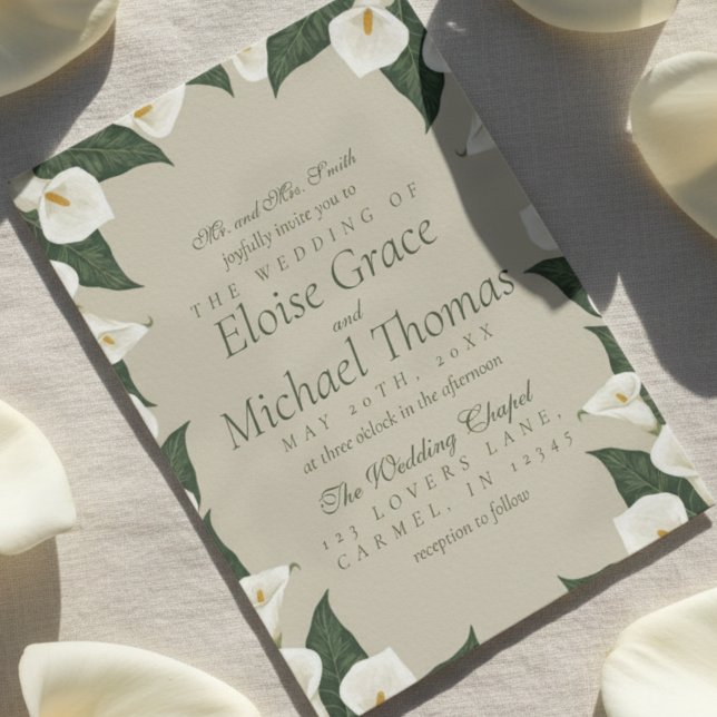 Classic Floral Border Calla Lily Neutral Wedding Invitation (Announce your special day with this Classic Floral Border Calla Lily Neutral Wedding Invitation! )