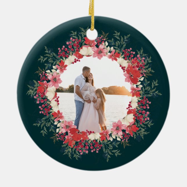 classic floral christmas botanical family photo ceramic ornament (Back)