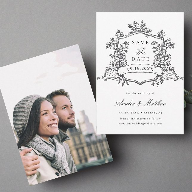 Classic Floral Crest Black & White Wedding Photo Save The Date (Front & Back)