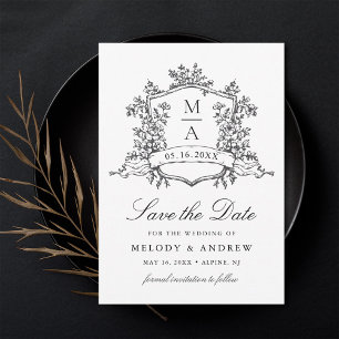 Classic Floral Crest Black & White Wedding Save The Date