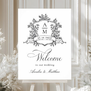 Classic Floral Crest Black & White Wedding Welcome Poster