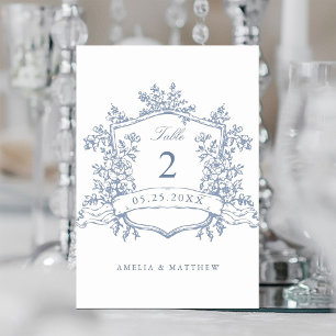 Classic Floral Crest Dusty Blue Wedding Table Number