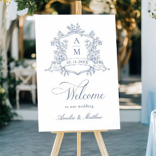 Classic Floral Crest Dusty Blue Wedding Welcome Poster