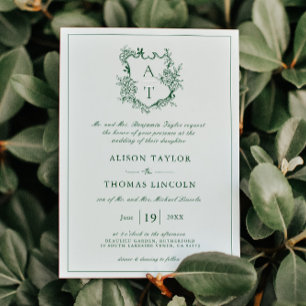 Classic Floral Crest Emerald Green Wedding Invitation